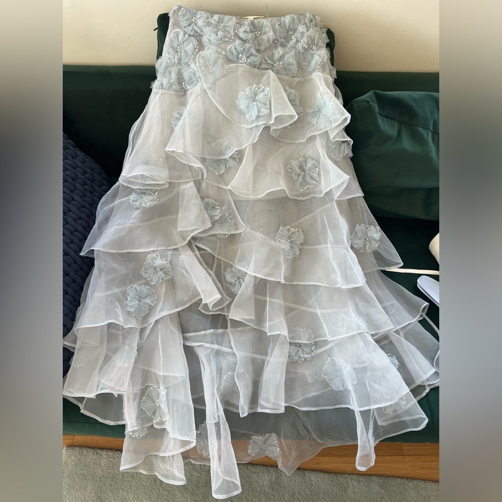 LoveShackFancy Light Blue Layered Skirt - Grover Tiered Floral Appliqué Skirt - Picture 6 of 8